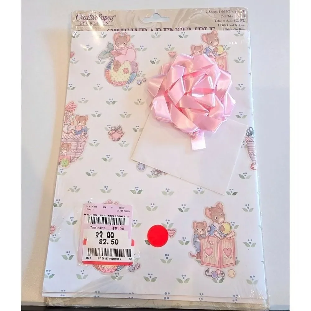 VTG 90s CR Gibson Cara Marks Mouse‎ Family Gift Wrap Flomo Bear Bag Deadstock